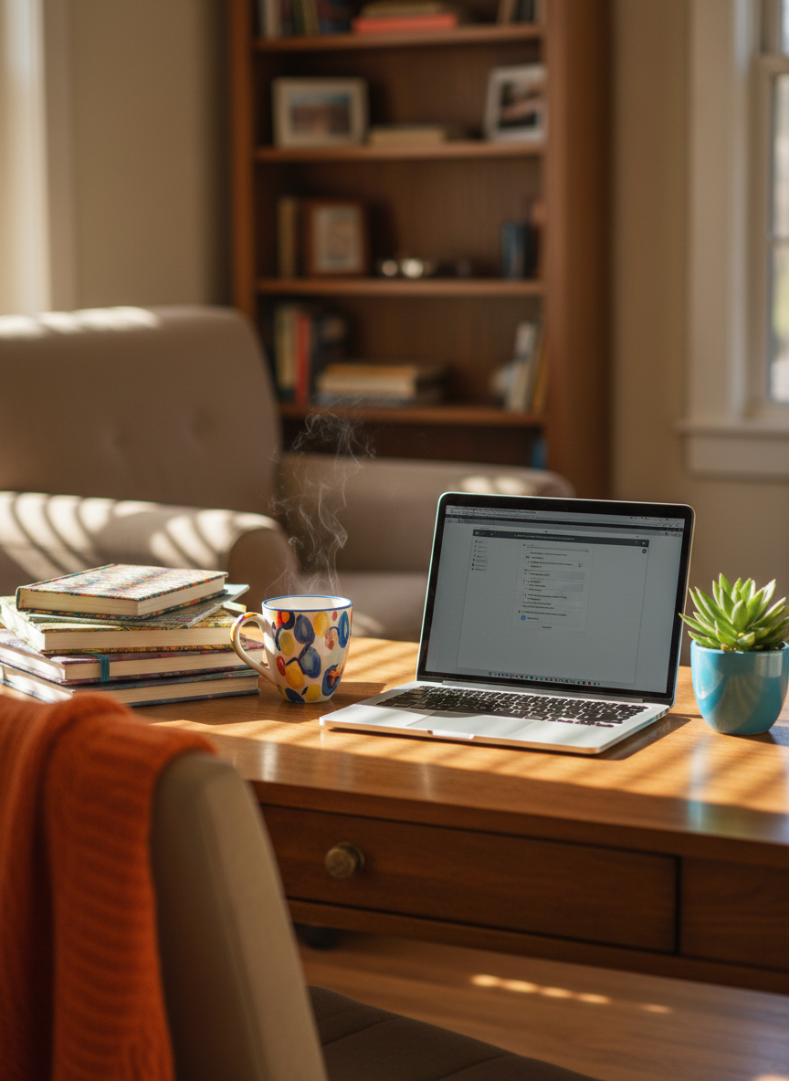 A cozy wooden desk in a small, sunlit corner, covered with a playful mix of objects that hint at a personal blog: an open laptop displaying a blank blog editor, a colorful stack of well-worn notebooks, a quirky ceramic mug with rising steam, and a tiny desk plant in a bright pot. Soft morning light pours through an unseen window, casting gentle streaks across the desk and creating warm highlights on the laptop’s metallic edge. Shot at eye level with a shallow depth of field, the focus stays on the workspace while the background fades into a soft, inviting blur. The mood is relaxed, playful, and intimate, with photographic realism and vibrant yet cozy tones that suggest a space where life updates and random thoughts are written down.