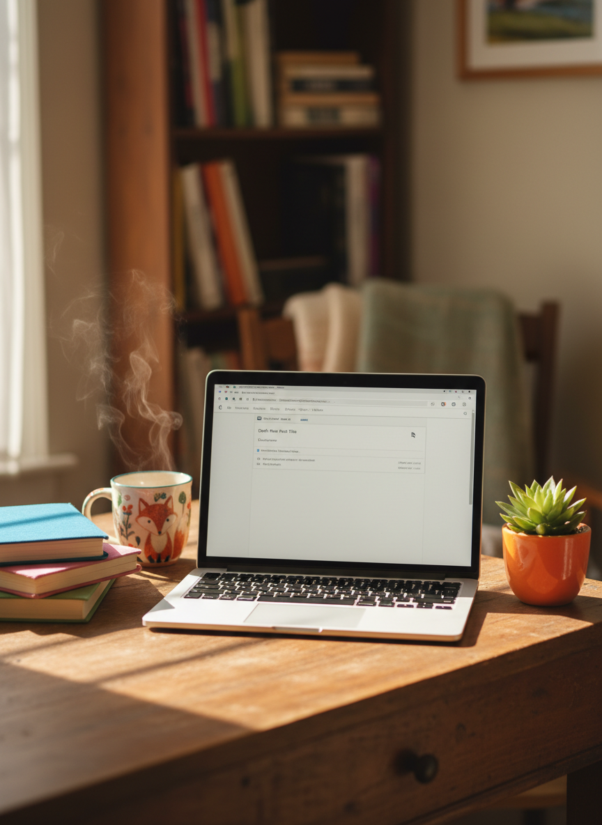 A cozy wooden desk in a small, sunlit corner, covered with a playful mix of objects that hint at a personal blog: an open laptop displaying a blank blog editor, a colorful stack of well-worn notebooks, a quirky ceramic mug with rising steam, and a tiny desk plant in a bright pot. Soft morning light pours through an unseen window, casting gentle streaks across the desk and creating warm highlights on the laptop’s metallic edge. Shot at eye level with a shallow depth of field, the focus stays on the workspace while the background fades into a soft, inviting blur. The mood is relaxed, playful, and intimate, with photographic realism and vibrant yet cozy tones that suggest a space where life updates and random thoughts are written down.