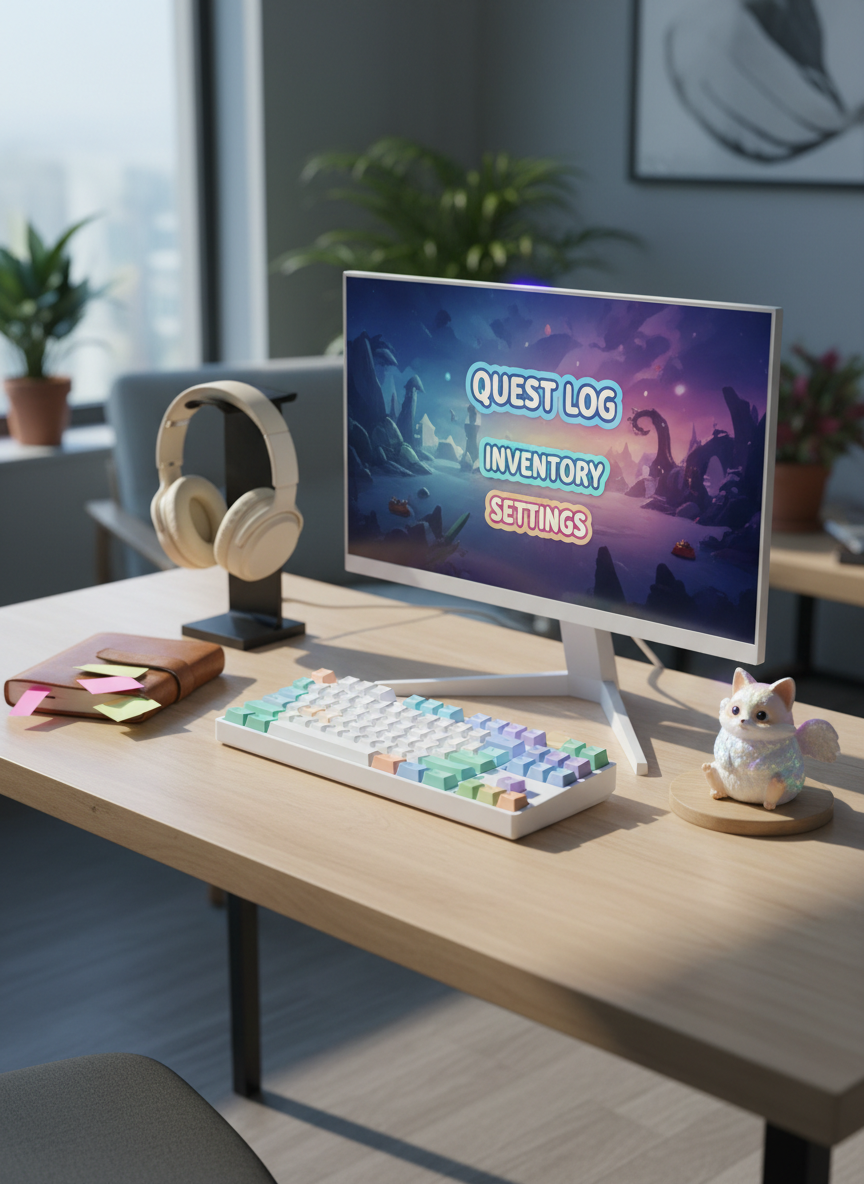 A minimalist gaming setup on a clean wooden desk, tailored for writing playful game review posts: a sleek monitor displaying a colorful, paused game menu, a compact mechanical keyboard with pastel keycaps, and a small, adorable figurine of a fantasy creature beside the monitor. A closed notebook with sticky notes peeking out sits off to the side, along with a pair of chunky over-ear headphones resting on a stand. Cool daylight from a nearby window mixes with the subtle RGB glow from behind the monitor, creating soft reflections on the desk. Photographic realism from a three-quarters angle, with a shallow depth of field focusing on the monitor and keyboard. The mood is energetic yet cozy, hinting at both gaming sessions and thoughtful reviews.
