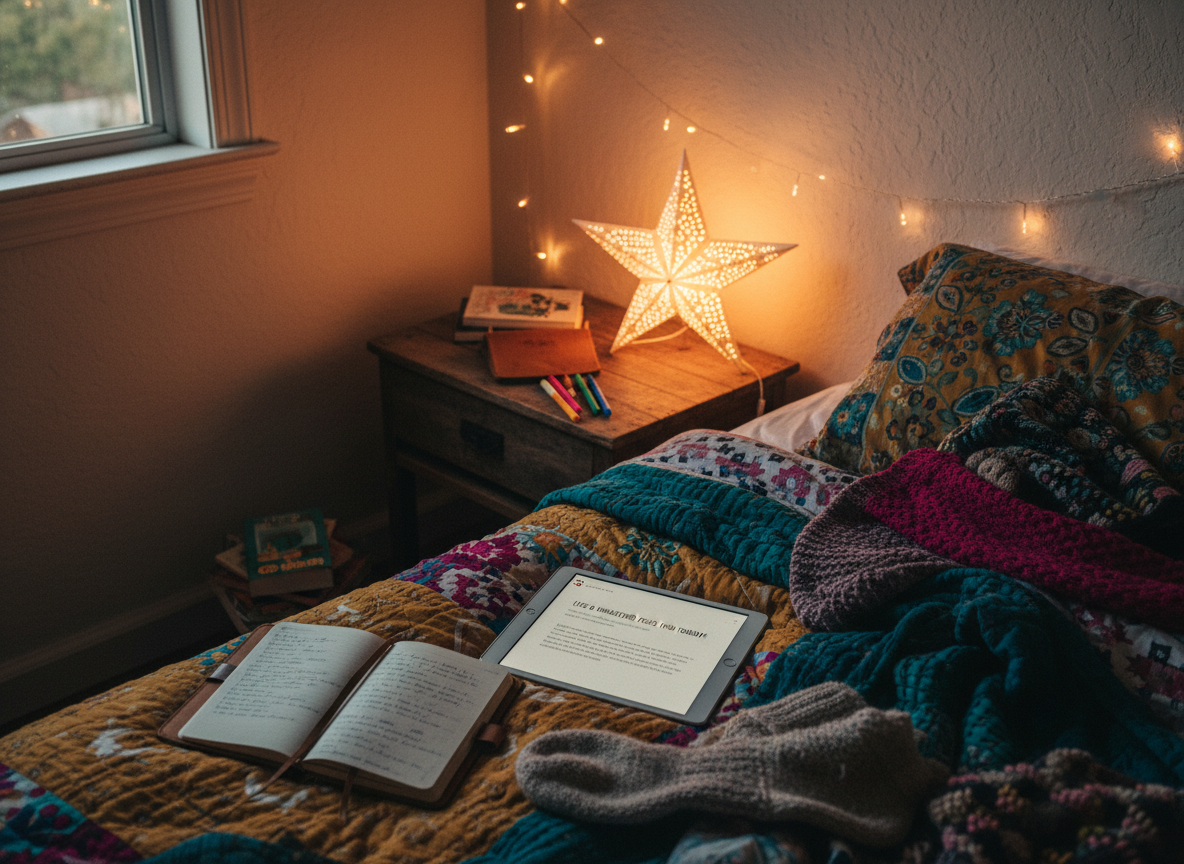 A snug bedroom corner turned blogging nook, featuring a neatly made bed with mismatched, colorful blankets and a small nightstand holding an open journal, gel pens, and a glowing, whimsical lamp shaped like a star. A tablet rests on the bed, screen showing a draft of a casual blog post. Fairy lights drape along the wall, their warm glow mixing with dim evening light from a nearby window, creating sparkling reflections on the tablet’s glass. Photographic realism with a slightly elevated angle, capturing both the bed and nightstand in frame. The atmosphere is playful, personal, and slightly chaotic in an endearing way, perfect for a blog about life and whatever feels fun to talk about that day.