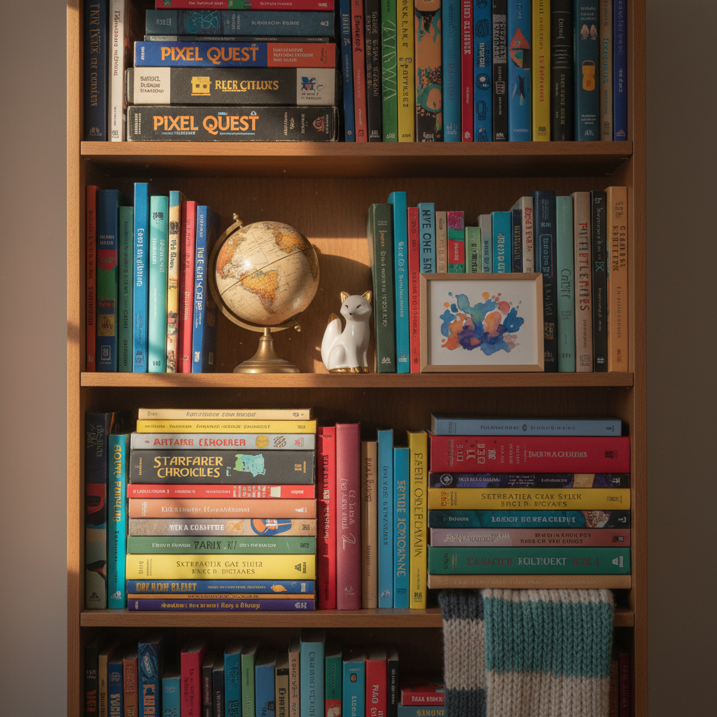 A compact, cluttered bookshelf that visually represents a personal blog’s many topics: rows of colorful books with varied spine designs, a few retro game boxes tucked horizontally between them, and small knickknacks like a tiny globe, a ceramic animal, and a framed abstract illustration leaning against the books. A soft-knit scarf is draped casually over one shelf edge, suggesting lived-in comfort. Warm, diffused afternoon light from the side highlights dust motes in the air and creates rich, cozy shadows between the books. Photographic realism from an eye-level, slightly close-up angle, with selective focus on the central objects while the outer edges blur gently. The atmosphere is inviting, slightly whimsical, and full of personality, echoing the eclectic nature of a playful personal blog.